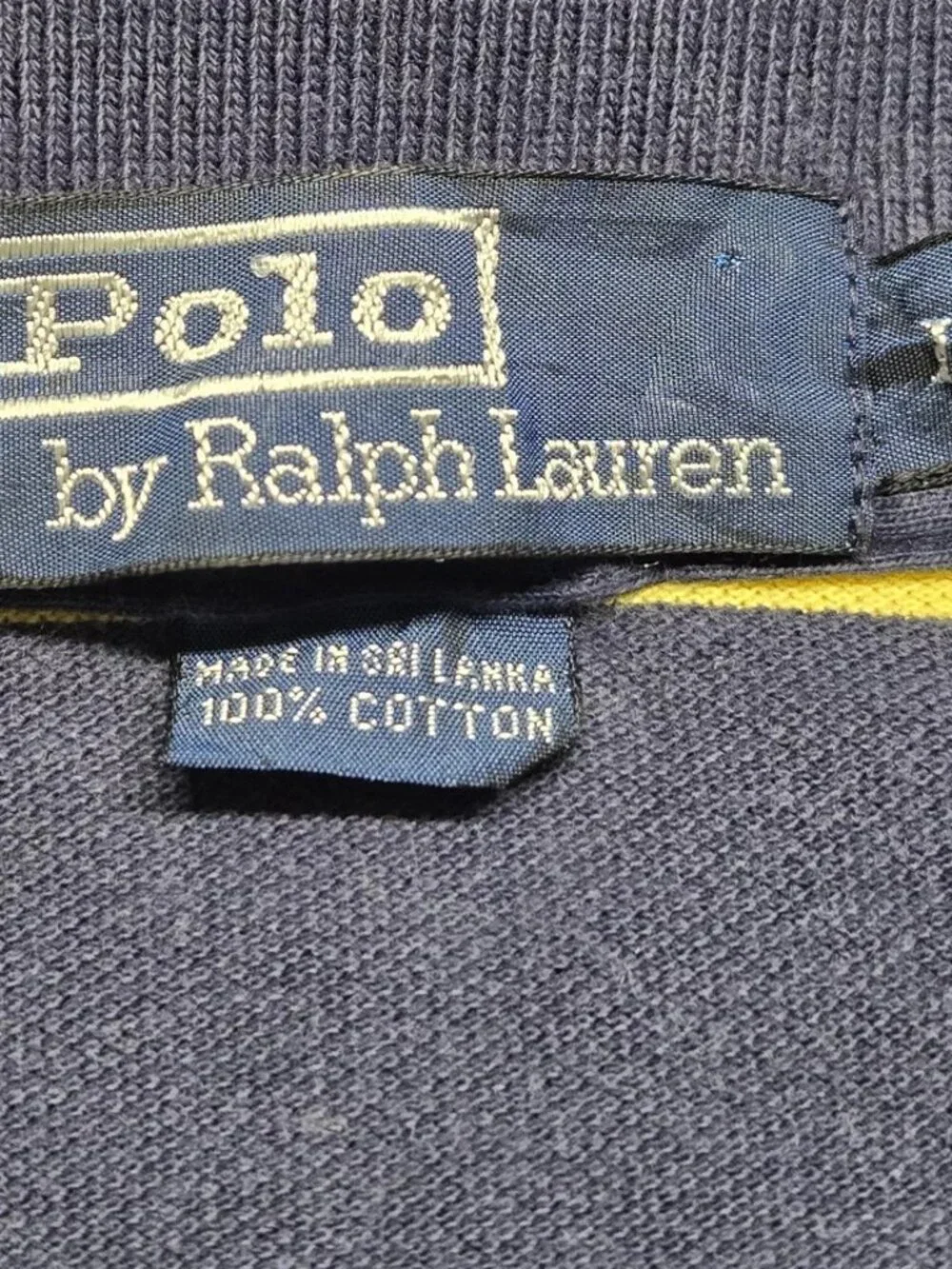 VTG Polo Ralph Lauren Stripe Polo Navy Yellow L 90s USA Tag Distressed Wear